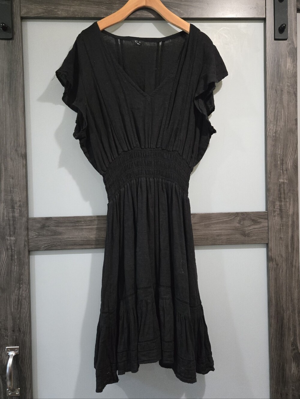 Rails Tara Black Lace trim smocked waist Fit And Flare Linen blend dress XL